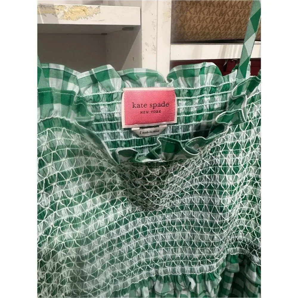 0008kate spade Green Gingham Smocked Maxi Dress